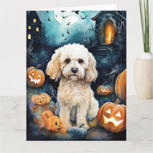 Gruseliger Halloween-Cockapoo mit Kürbissen  Karte