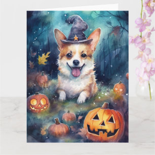 Gruseliger Halloween-Corgi mit Kürbissen Karte