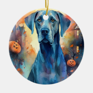 Gruseliger Halloween Dogge mit Kürbissen Keramik Ornament