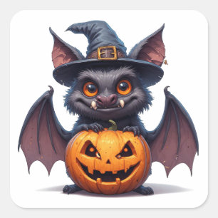 Gruseliger Halloween-Fledermaus Mit Kürbis-Hexenhu Quadratischer Aufkleber