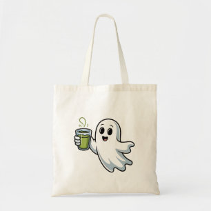 Gruseliger Halloween-Geist hält Matcha Tragetasche