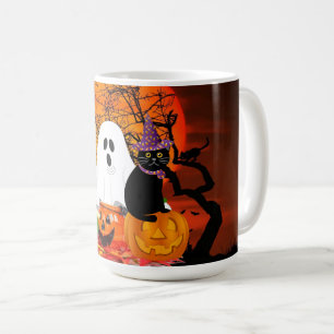 Gruseliger Halloween-Geist und schwarze Katze  Kaffeetasse