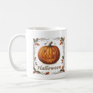 Gruseliger Halloween-Kürbis-Herbstblattrahmen Kaffeetasse