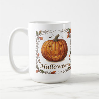 Gruseliger Halloween-Kürbis-Herbstblattrahmen Kaffeetasse