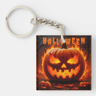 Gruseliger Halloween-Kürbis mit Flamme Schlüsselanhänger