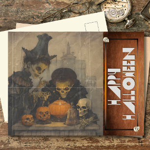 Gruseliger Halloween-Kürbis mit Skeletten Feiertagspostkarte
