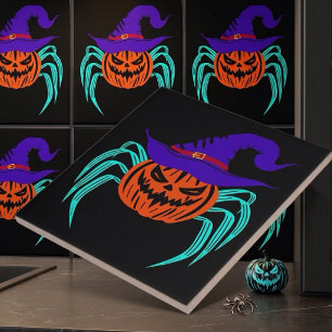 Gruseliger Halloween-Kürbis-Spinne-und-Hexenhut-Ku Fliese