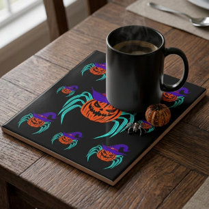 Gruseliger Halloween-Kürbis-Spinne-und-Hexenhut-Ku Fliese