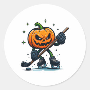 Gruseliger Halloween-Kürbis zeigt Hockey-Fähigkeit Runder Aufkleber