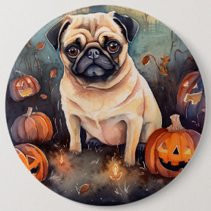 Gruseliger Halloween-Mops mit Kürbissen  Button