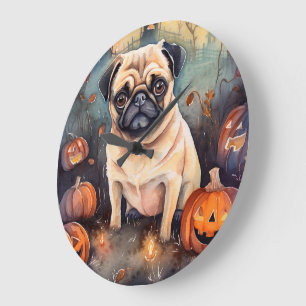 Gruseliger Halloween-Mops mit Kürbissen Große Wanduhr