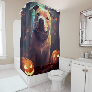 Gruseliger Halloween-Pitbull mit Kürbissen  Duschvorhang