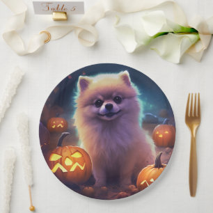 Gruseliger Halloween-Pomeranian mit Kürbissen  Pappteller