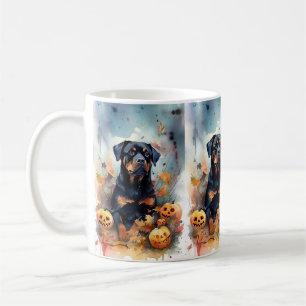 Gruseliger Halloween-Rottweiler mit Kürbissen Kaffeetasse