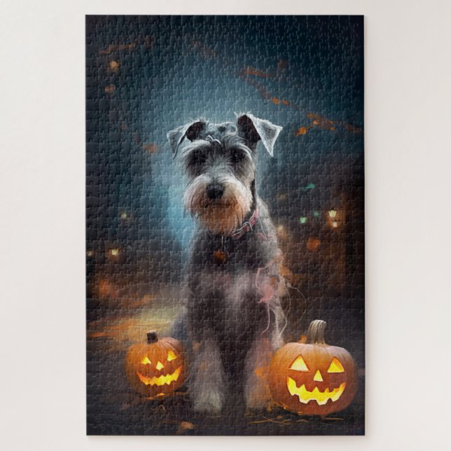 Gruseliger Halloween-Schnauzer mit Kürbissen (Vertikal)