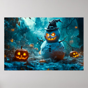 Gruseliger Halloween-Schneemann im Kürbiswald Poster