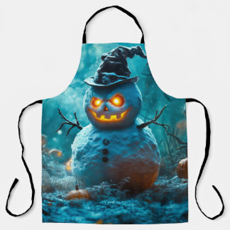 Gruseliger Halloween-Schneemann mit leuchtenden Au Schürze