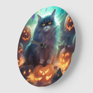 Gruseliger Halloween-Sibirischer-Katze-Entwurf mit Große Wanduhr