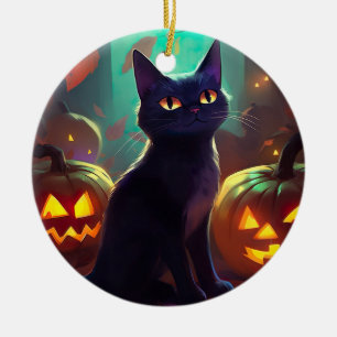 Gruseliger Halloween-Smoking-Kater mit Kürbissen Keramik Ornament