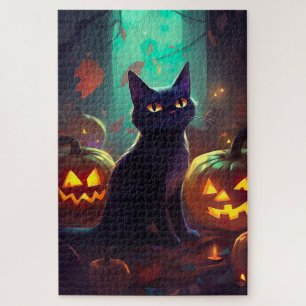 Gruseliger Halloween-Smoking-Katze mit Kürbissen