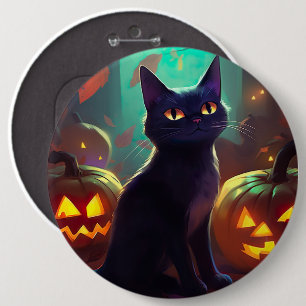 Gruseliger Halloween-Smoking-Katze mit Kürbissen Button