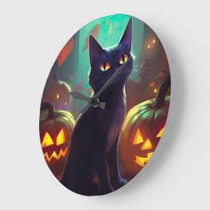 Gruseliger Halloween-Smoking-Katze mit Kürbissen Große Wanduhr