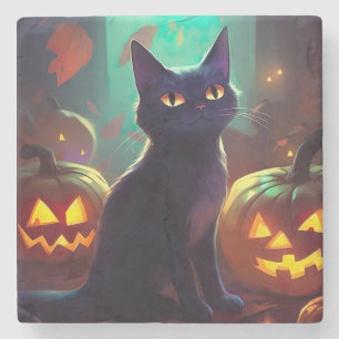 Gruseliger Halloween-Smoking-Katze mit Kürbissen Steinuntersetzer