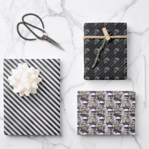 Gruseliger Halloween-Spaß schwarze weiße Totenköpf Geschenkpapier Set