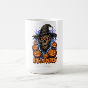 Gruseliger Halloween-Vogelscheuche-Totenkopf mit K Kaffeetasse