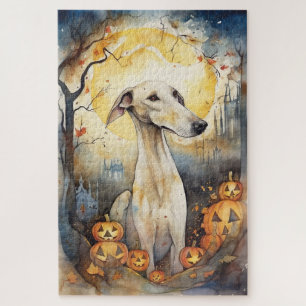Gruseliger Halloween-Windhund mit Kürbissen
