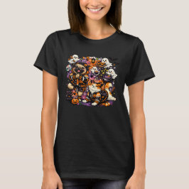Gruseliger Halloween-Yoga-Mops und Katze in einer T-Shirt