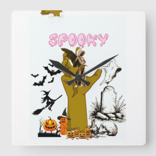 Gruseliger Halloween-Zombie-Wanduhr - Rosa Geist Quadratische Wanduhr