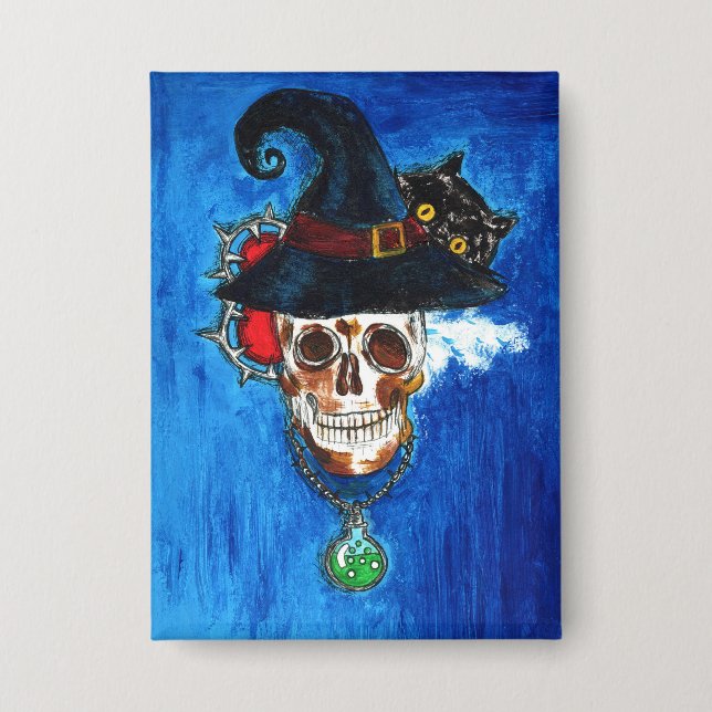 Gruseliger Hexenschädel mit schwarzer Katze & Tran Button (Vorderseite)