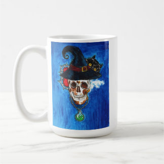 Gruseliger Hexenschädel mit schwarzer Katze & Tran Kaffeetasse