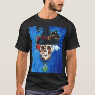 Gruseliger Hexenschädel mit schwarzer Katze und Za T-Shirt