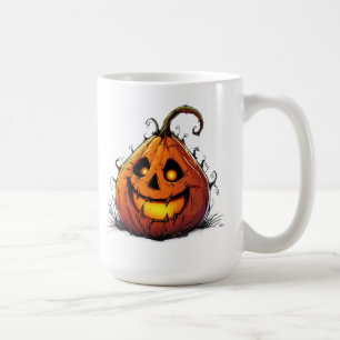 Gruseliger Jack O’Lantern-Kürbis mit leuchtenden A Kaffeetasse