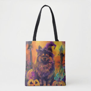 Gruseliger Keeshond Hund Halloween Hexe und Kürbis Tasche