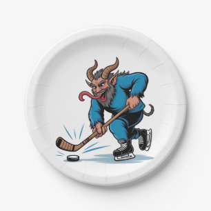 Gruseliger Krampus spielt Eishockey Weihnachten Pappteller