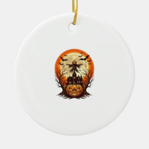 Gruseliger Kürbis Vogelscheuche Spukhaus Vollmond  Keramik Ornament