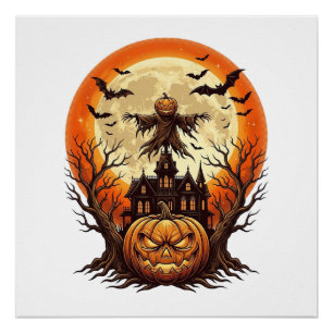 Gruseliger Kürbis Vogelscheuche Spukhaus Vollmond  Poster