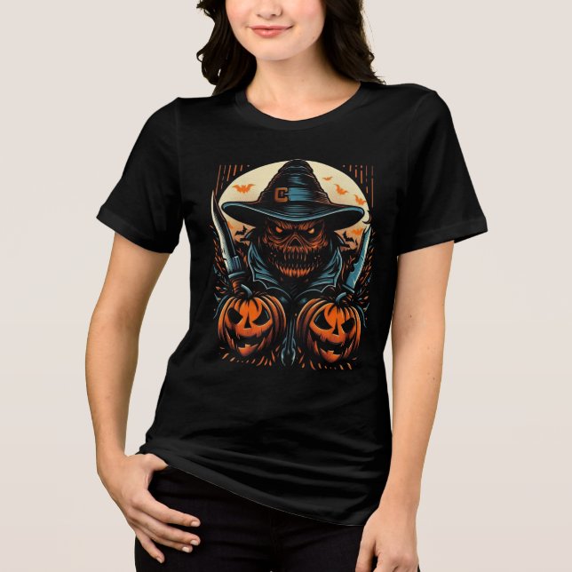 Gruseliger Kürbisscheuche- und Messer-Halloween-Ki Tri-Blend Shirt (Vorderseite)