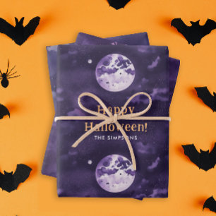 Gruseliger lila Halloween-Nachtmond Wasserfarben Geschenkpapier Set