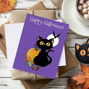 Gruseliger lila süßer schwarzer Halloween-Kürbis-K Karte