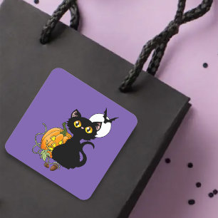 Gruseliger Lila Süßer Schwarzer Katze Halloween-Kü Quadratischer Aufkleber