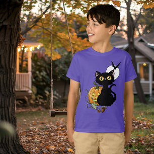 Gruseliger Lila Süßer Schwarzer Katze Halloween Kü T-Shirt