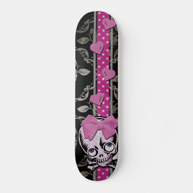 Gruseliger Mädchen-Schädel mit rosa Bogen auf Skateboard (Vorderseite)