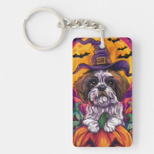 Gruseliger Malti Tzu Hund Halloween Hexe und Kürbi Schlüsselanhänger