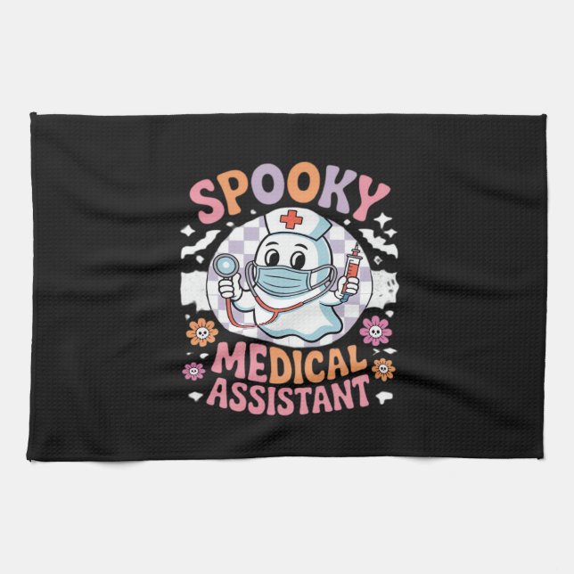 Gruseliger Medizinischer Assistent Süßes Halloween Geschirrtuch (Horizontal)