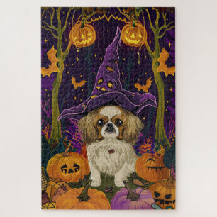 Gruseliger Pekingese-Hund Halloween-Hexe und Kürbi