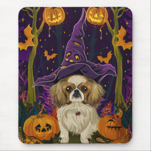 Gruseliger Pekingese-Hund Halloween-Hexe und Kürbi Mousepad